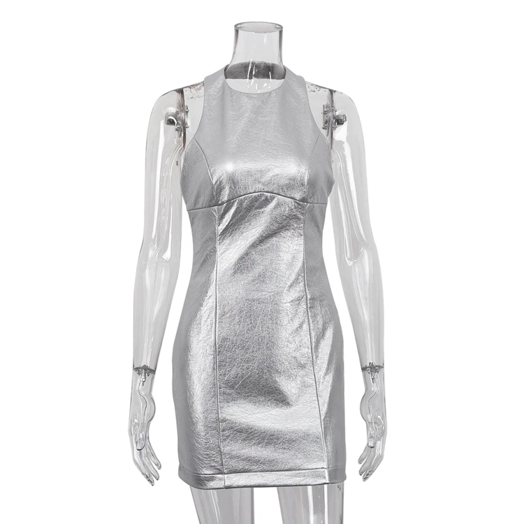 PU Silver Y2k Clothing Futuristic Silver Outfit Dress Hot Girls Bodycon  Backless Faux Leather Mini Sexy Dresses Women Night Club