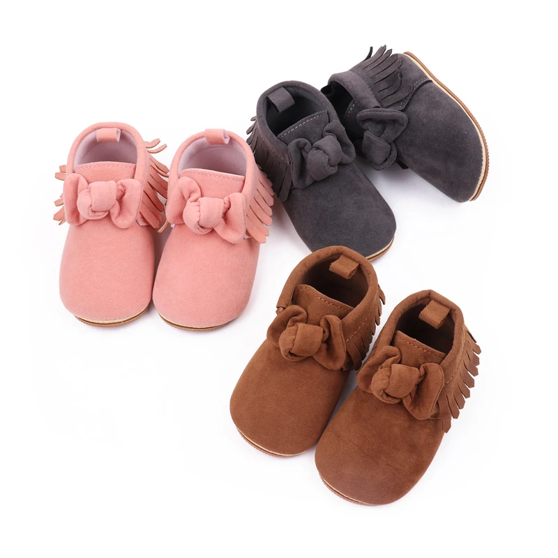 New Arrival Solid Color Fur Top Fringe Bow Soft Soled Baby Toddler Shoes for Girls