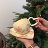 Pink flower green leaf cup 280ml heart dish