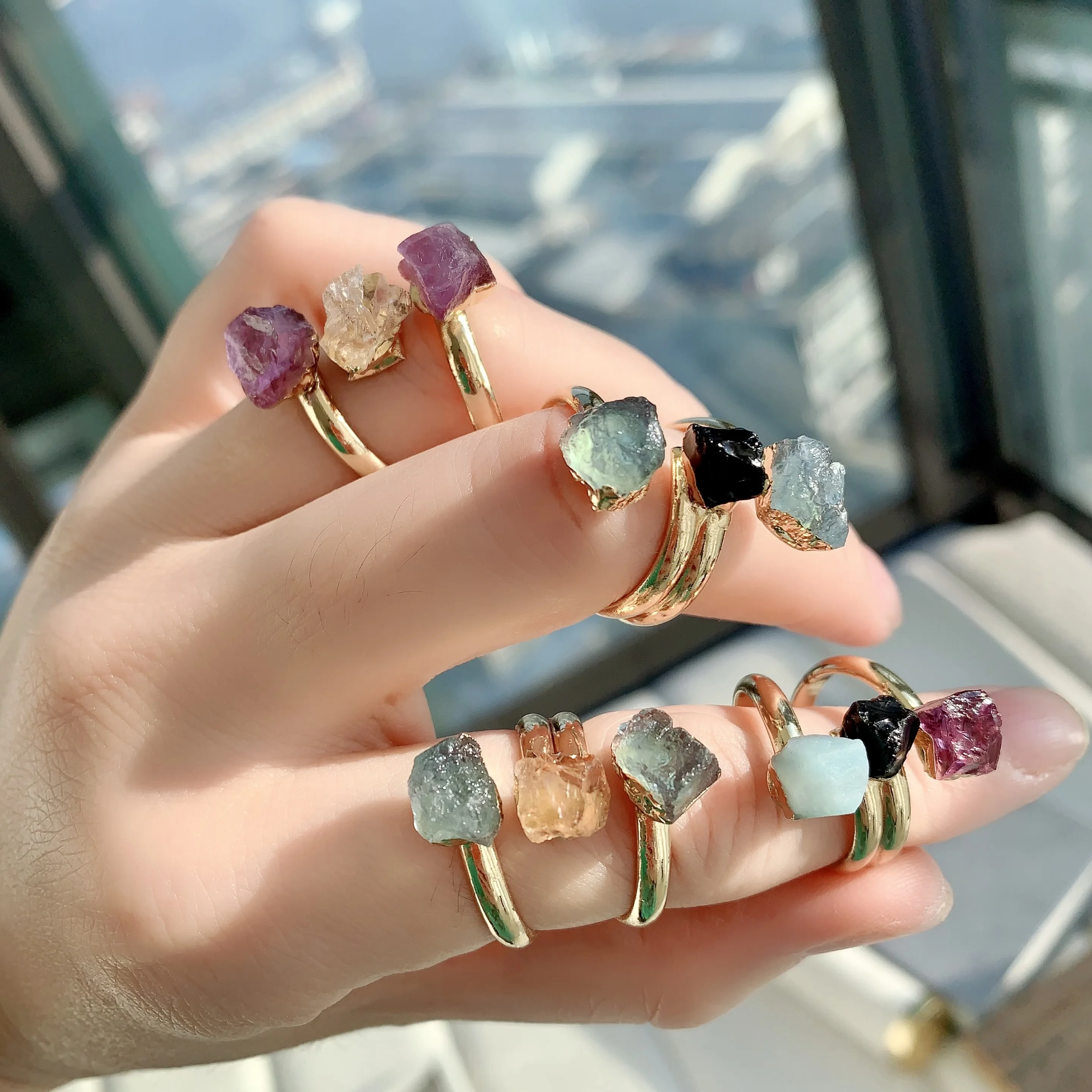 18k Gold Plated Gemstone Ring Adjustable Bohemia Jewelry For