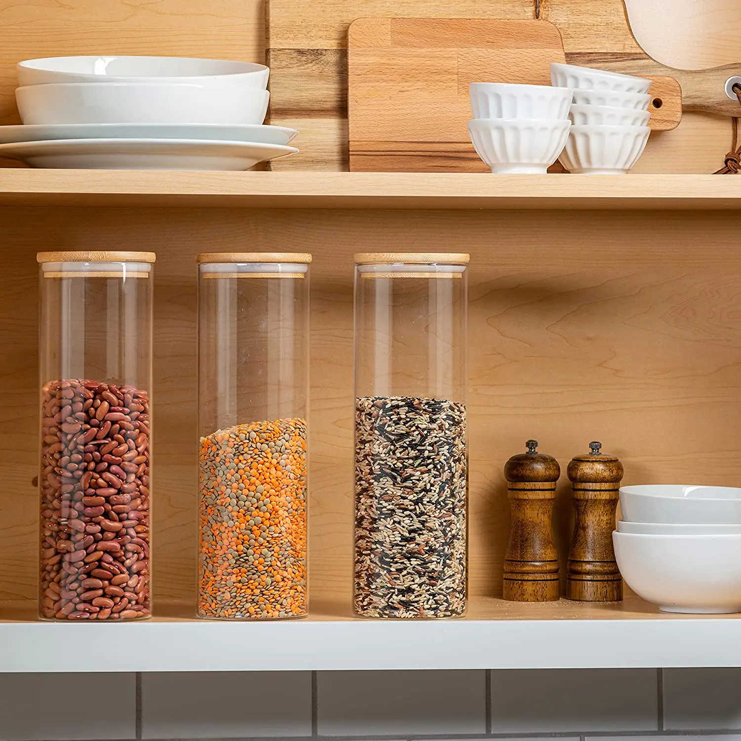 Set of 3 Tall Glass Kitchen Canisters with Airtight bamboo Lids