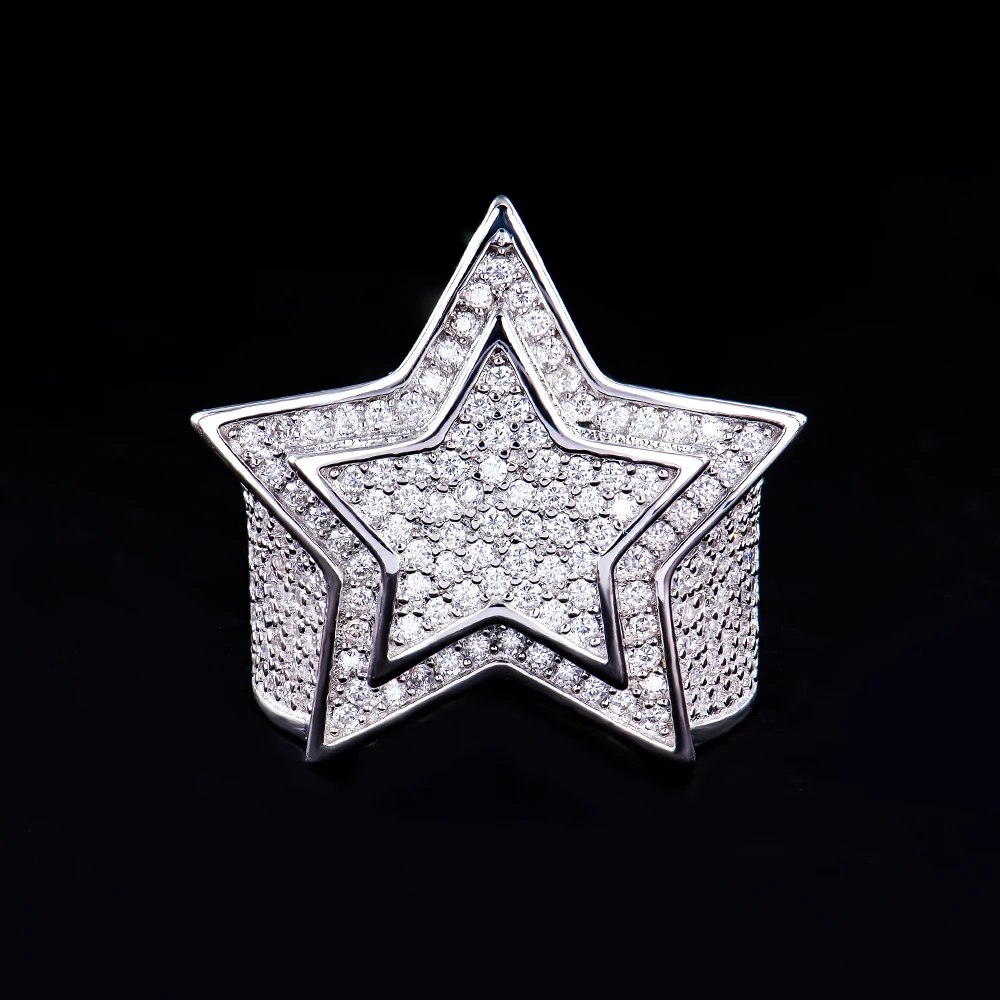 925 Sterling Silver Jewelry Hip Hop Style Pass Diamond Tester D VVS Iced Out Moissanite Double Layers Star Ring for Rapper Men