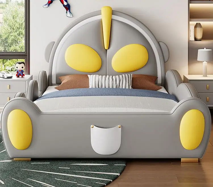 Ultraman Style Bed Solid Wood with Guardrail Soft Cover Headboard Slide Cartoon Castle Boy Leather Bed