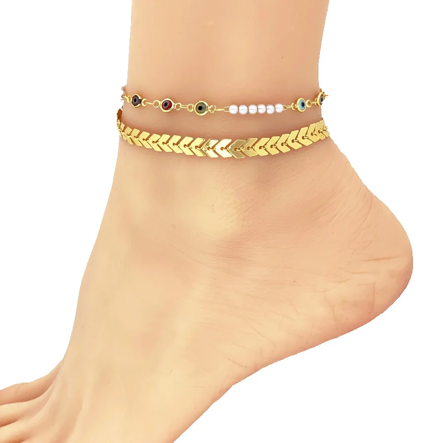 Fashion Jewelry Evil Eye Anklet Beaded Anklet Pearl Chain Double Layer Evil Eye 24k Gold Plated