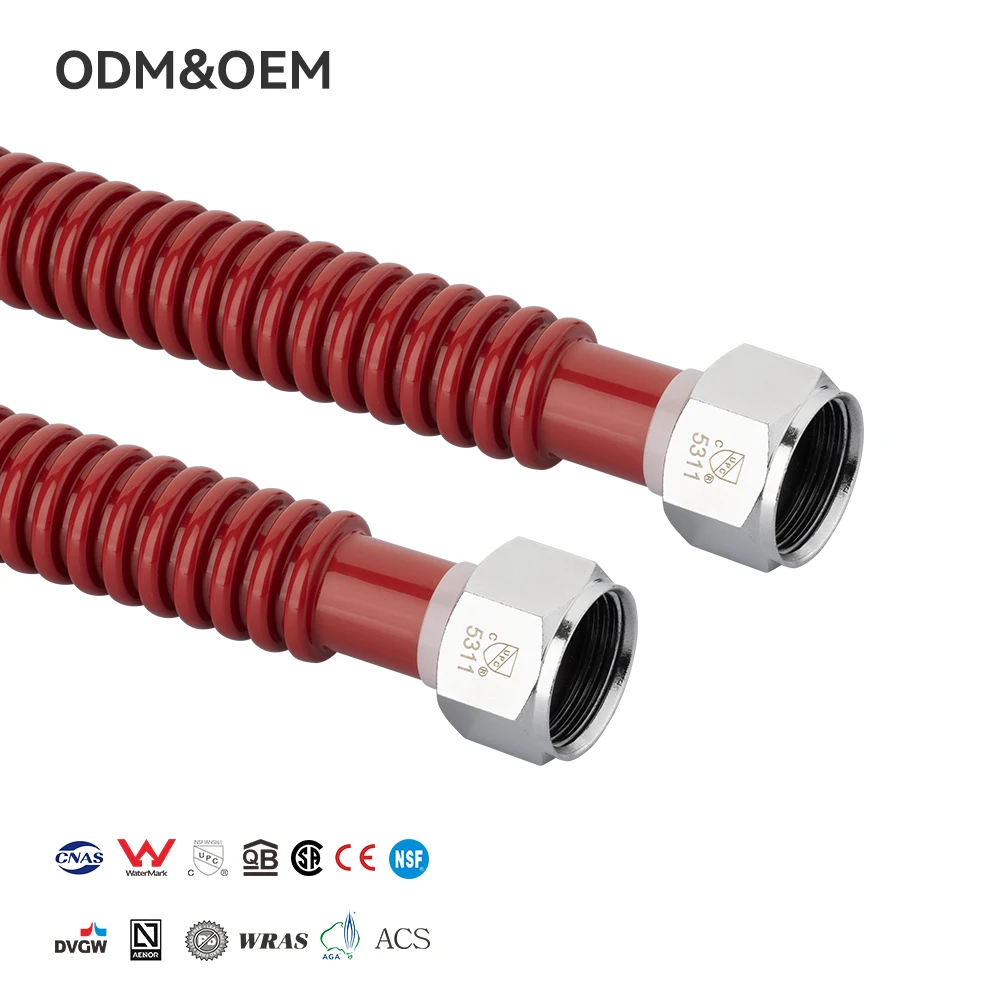 PPW Red 304 Stainless Steel Corrugated Hose PVC Plated Flexible Plumbing Hose 1.0Mpa for Water Heat Insulation Safe Handling