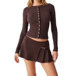 Custom High Quality   Casual Ladies Brown Button Cardigan Sweater Custom Knit Set Ladies Skirt and Sweater