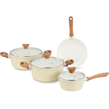 5pcs White Ceramic Coating Non-Stick Pot and Pan Cookware Set With Wood Handle