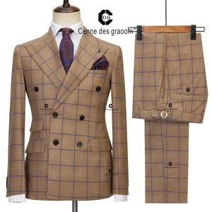 C-D-G Check Slim Fit Business Work Office Uniform Plaid Suit Party Prom Banquet Wedding Double Breasted Six Buttons