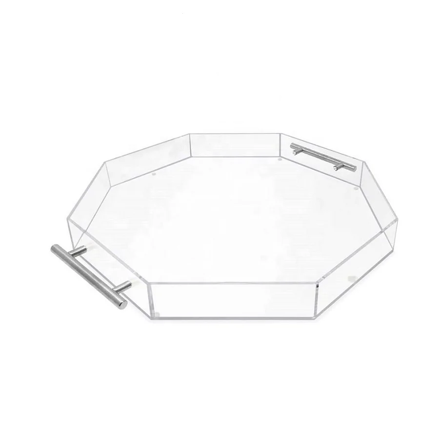 Modern Octagon Acrylic Serving Tray with Silver Handles Eco-Friendly Paper Material Engraved Logo for Home Food Serving
