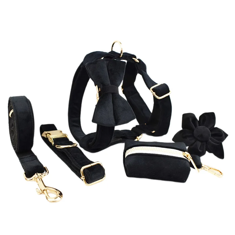 Personalized Design Dog Harness Matching Dog Collar Metal Buckle Leash Manufacturers Pet Bandana Bowknot Poop Bag Dispenser