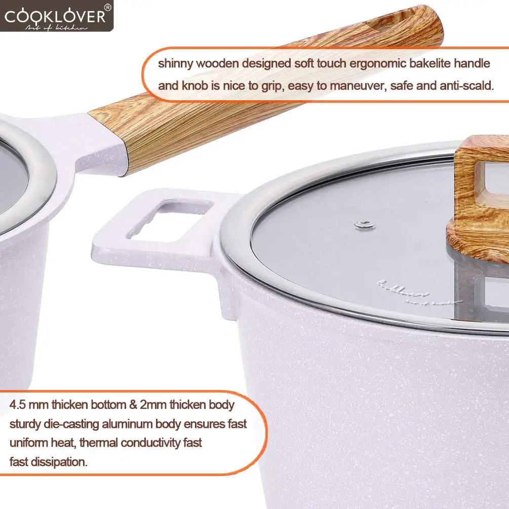 Cooklover Marble Induction Cooking Pot Ceramic Non Stick Cookware Set With Glass Lid
