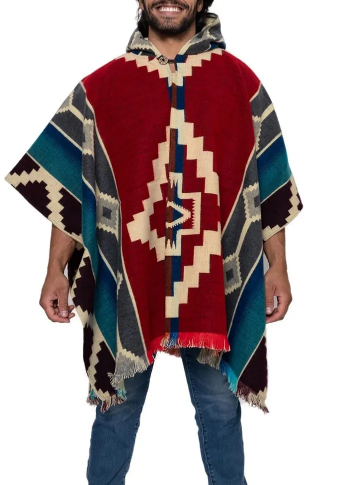 2025 Winter Mexican Men's Knitted Hoodie Poncho Southwestern Navajo Aztec Cloak Style Polyester Indigenous Design Shawl