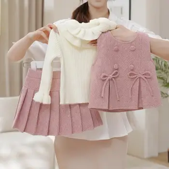 2025 Winter New Korean Style Casual Solid Girl's Baby Clothing Set Fleece-lined Vest Skirt Two-piece Set Baby's Angora Wool