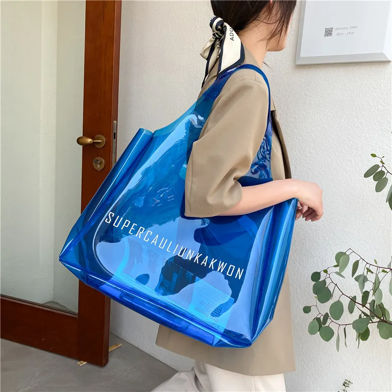 Transparent Pvc Beach Bag, Chenille Letter Decor Summer Jelly Tote Bag,  Large Capacity Waterproof Shoulder Bag With Inner Bag - Temu