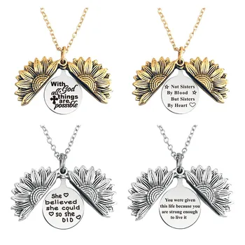 LWD60307 Stainless Steel believed could so she did Not blood but sisters by heart Sunflower Locket Pendant Necklace
