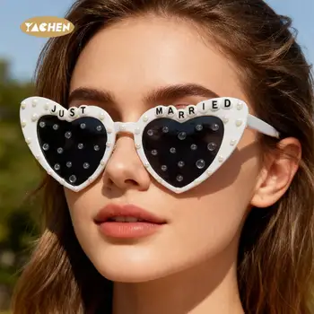 Hen Bachelorette Party Eyewear Just Married Glasses Heart Shape Bride Sunglasses Sun Glasses With Pearl