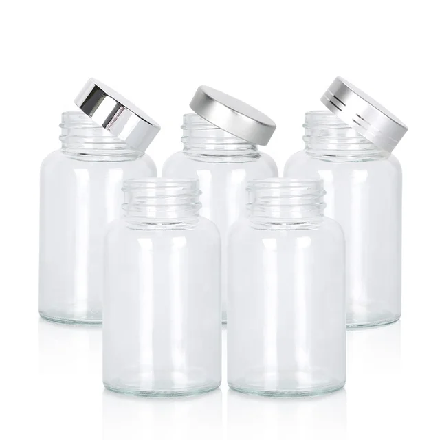 2oz 3oz 4oz 6oz Clear Pharmaceutical Pill Jar Capsule Glass Bottle for Healthy Supplement with Aluminum Cap or custom