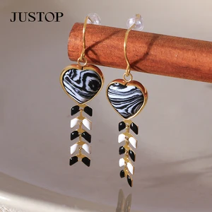 ZEBRA Women's Stainless Steel Dangle Hoop Earrings Natural Stone Colorful Stud Aretes Pendientes Trendy Flower Pattern Stylish