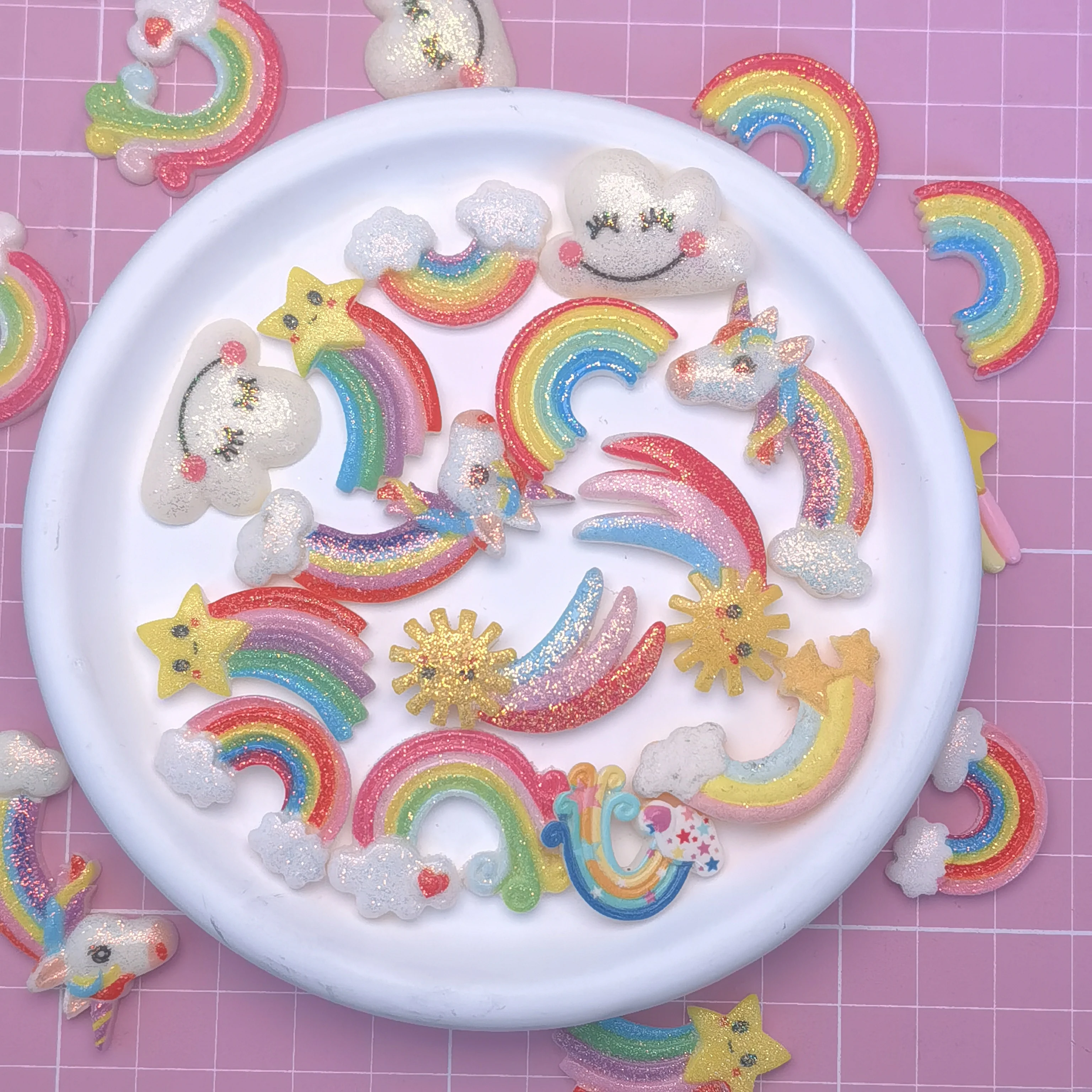 Bulk 100Pcs/Lot Kawaii Cartoon Rainbow Cloud Shooting Star Flatback Resin  Cabochons Embellishments DIY Scrapbooking Supplies
