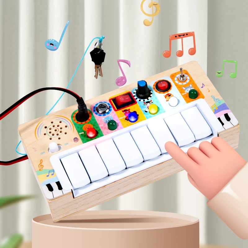 Mainan Sensorik Kayu Anak-anak Terbaru Mainan Musik Fidget Mainan Papan Sibuk Elektronik Balita Montessori dengan 6 Sakelar Lampu LED