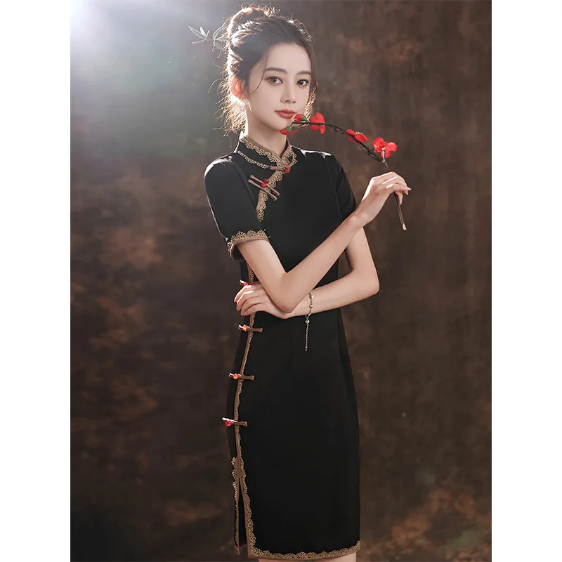 Modern Slim Black Qipao Cheongsam Dress for Women | Traditional Ethnic Style for Festivals & Daily Wear, Sizes S-2XL Modern Slim Black Qipao Cheongsam Dress for Women | Traditional Ethnic Style for Festivals & Daily Wear, Sizes S-2XL
