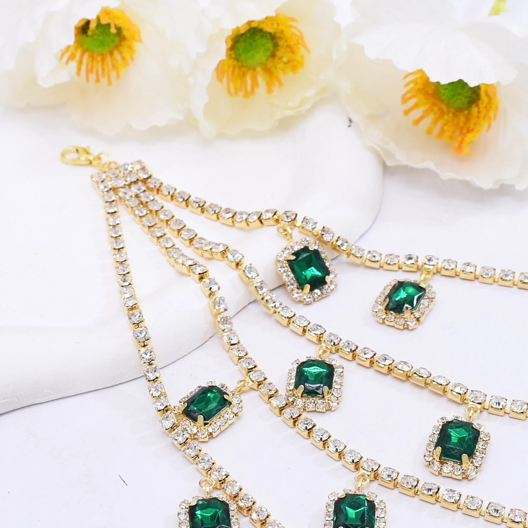Multi-Layered Gold Plated Bohemian Style Green Crystal Rhinestone Necklace Link Chain Multi-Strand Statement Bridal Choker