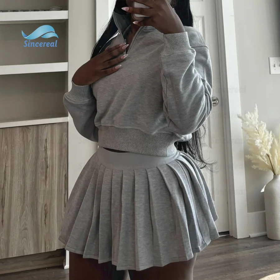 Custom Matching Outfit Quarter Zip Sweatshirts Mini Skort Pleated Skirt and Crop Top Hoodie 2 Piece Set for Women