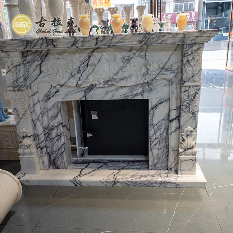 Custom Modern Large Freestanding Decorative Luxury Black Natural Stone Marble Fireplace