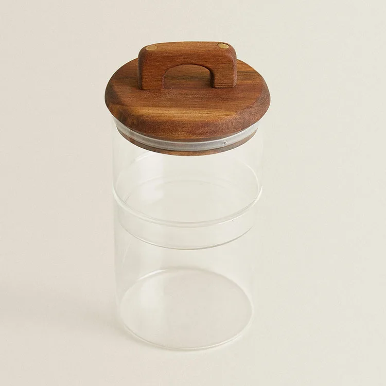 Creative New Design Transparent Round 2 Tier Stackable Glass Container Canister Food Storage Cookie Jar With Wooden Lids