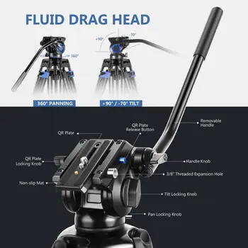 Neewer Professional Heavy Duty Video Tripod, Fluid Drag Head, Support Left/Right Bar Handle for DSLR Cameras Video Camcorders detail image