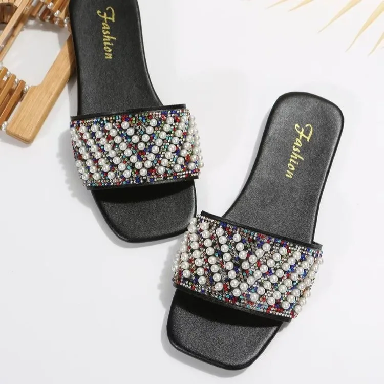 New summer plus-size women's shoes Pearl sequin square flat slippers women
