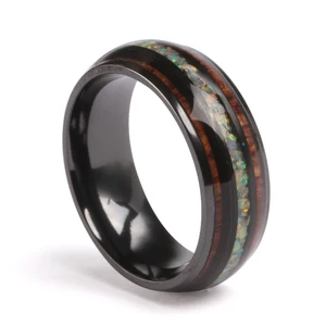 8mm Black Plated Tungsten Ring With Crushed Fire Opal and Wood Inlay Wedding Bands for Men and Women