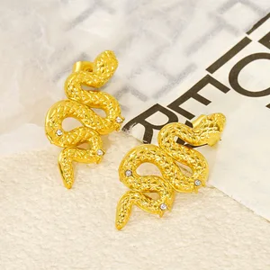 Premium Stainless Steel Drop Earrings: Gold-Plated Snake & Oriental Dragon Design with Diamond Eyes & Zircon Stones