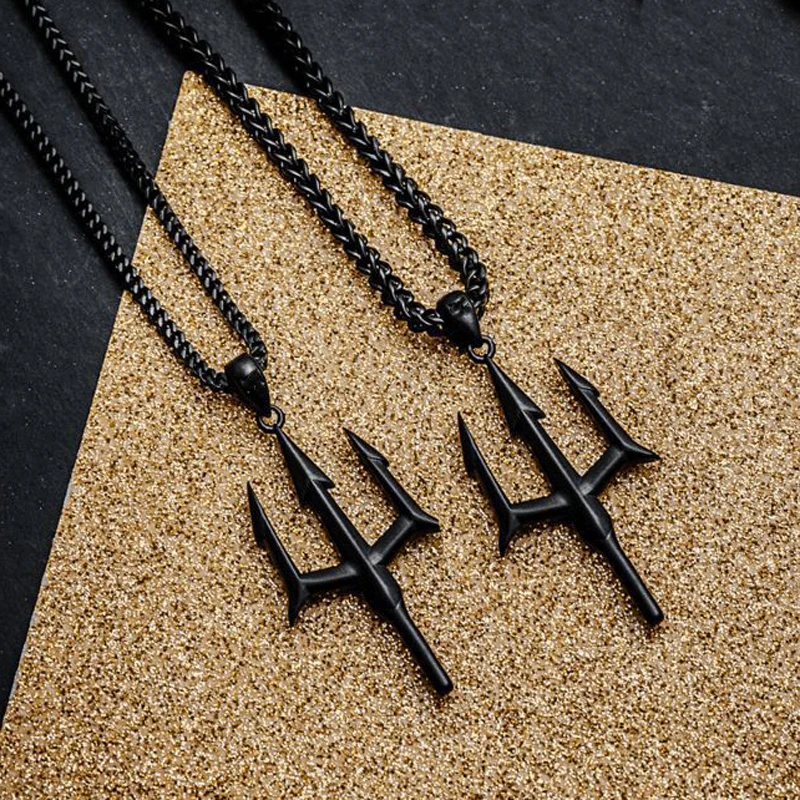 Collana Uomo Con Ciondolo Tridente Del Re Marino, In Acciaio Inox Nero, Stile Hip Hop, Con Zirconi