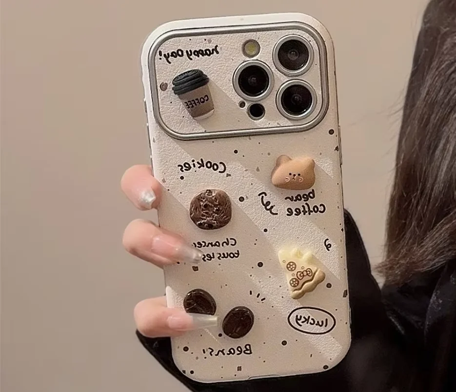 Splash-ink 3D Coffee Bear Handmade  Phone Cover Electroplated Frame Big Window Cell Phone Case for Iphone 16 15 14 13 12