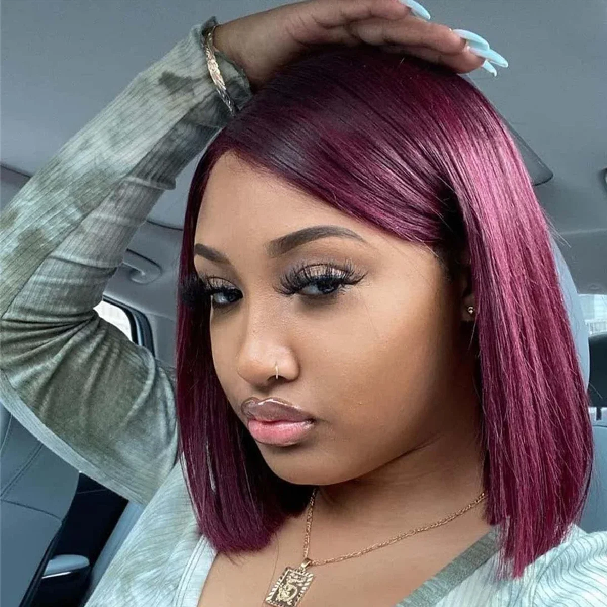 Burgunder Lace Front Echthaar Bob Perücke Remy Haar Vorgestylt_voghion.com
