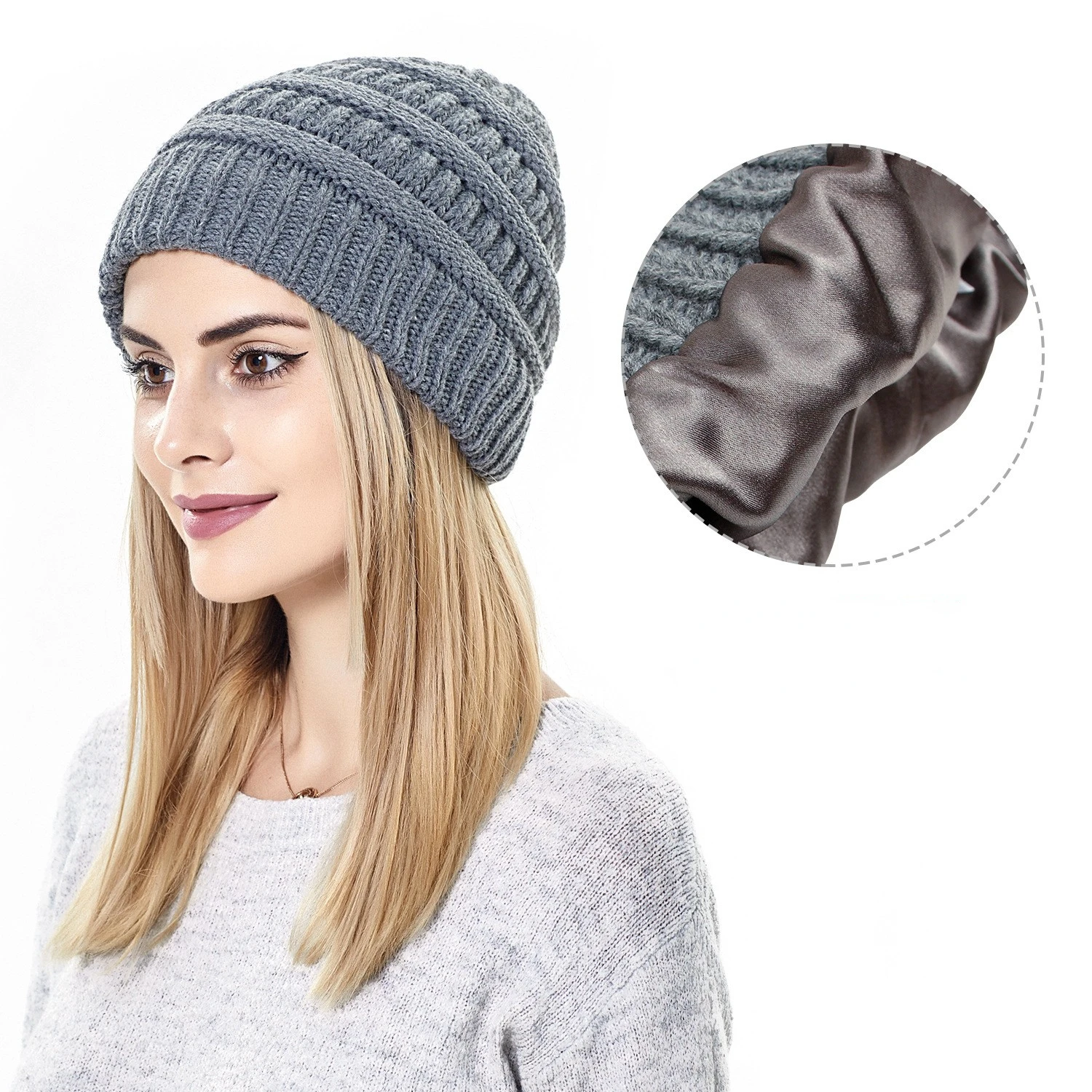 O197 Women Slouchy Wool Chunky Knitted Winter Hats Faux Fur