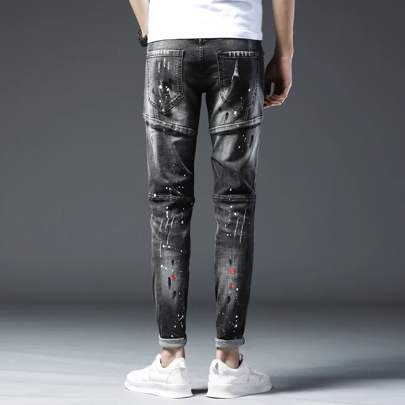 Ripped Jeans Mens Spray On Grey Jeans Fashion Men's Heavy