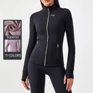 Women's Plus Size Lightweight Yoga Sports Jacket Casual Fitness Long Sleeve Coat with Zipper Breathable Running Top Front Logo