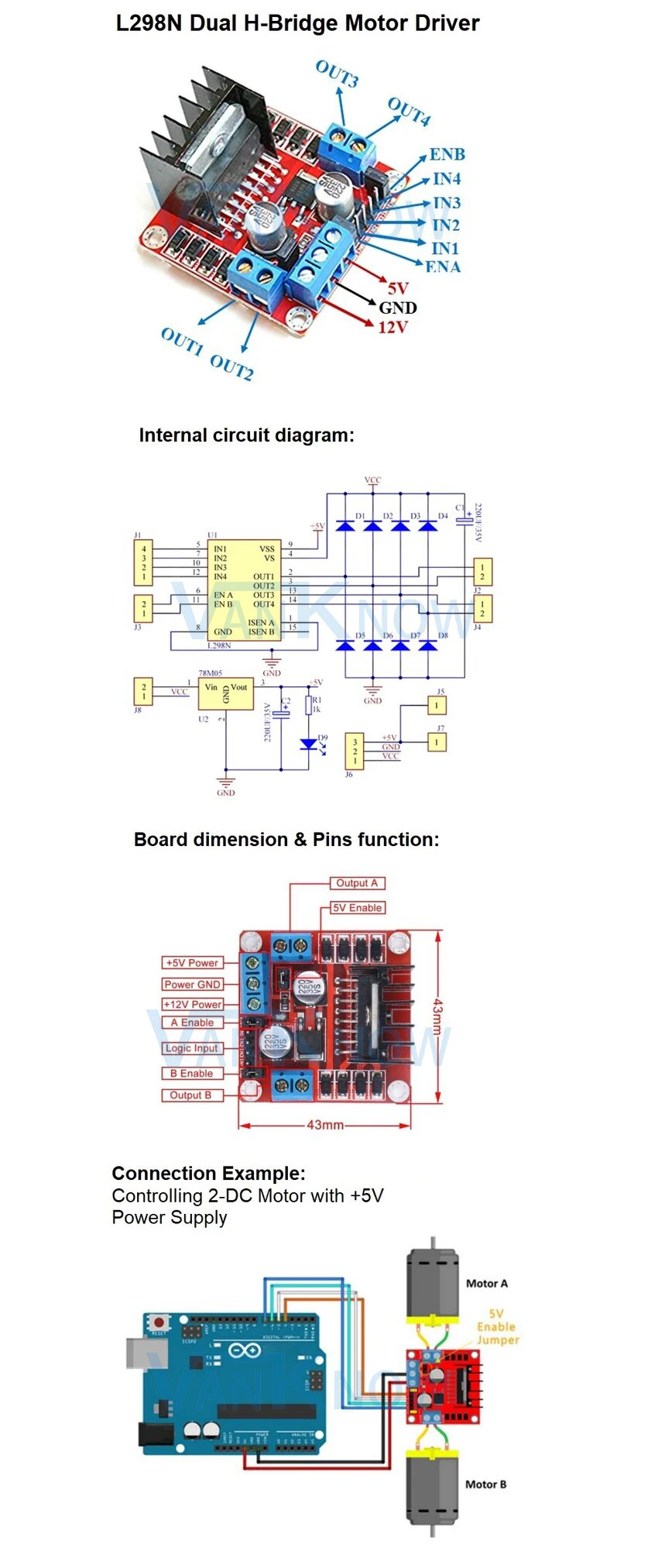 L298N DC Motor Drive Board Module Dual H Bridge 2A Motor Driver Board ...