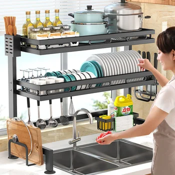 Organizer Dish Storage Rack for Kitchen Sink Wood Countertop Dishwashing Drain Rack for Home Display