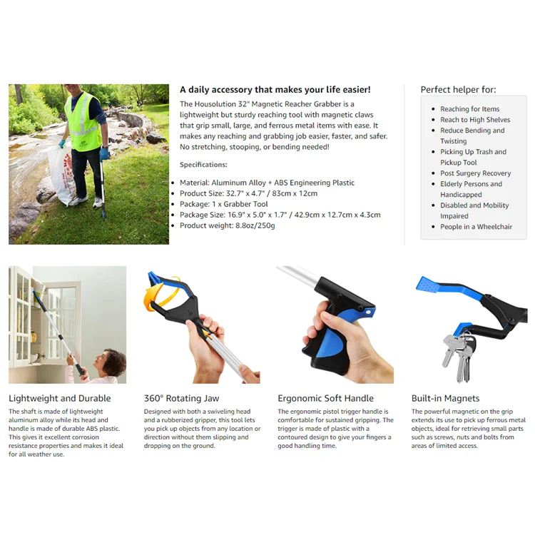 32"  Foldable Lightweight Long Arm Extender Reacher Grabber Tool with Magnet