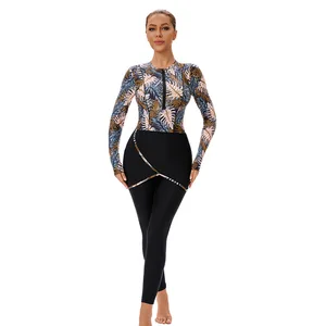 European American Women's Long Sleeve Modest Swimwear Muslim New Conservative Belly Covering Split Swimsuit Pants 2-Piece