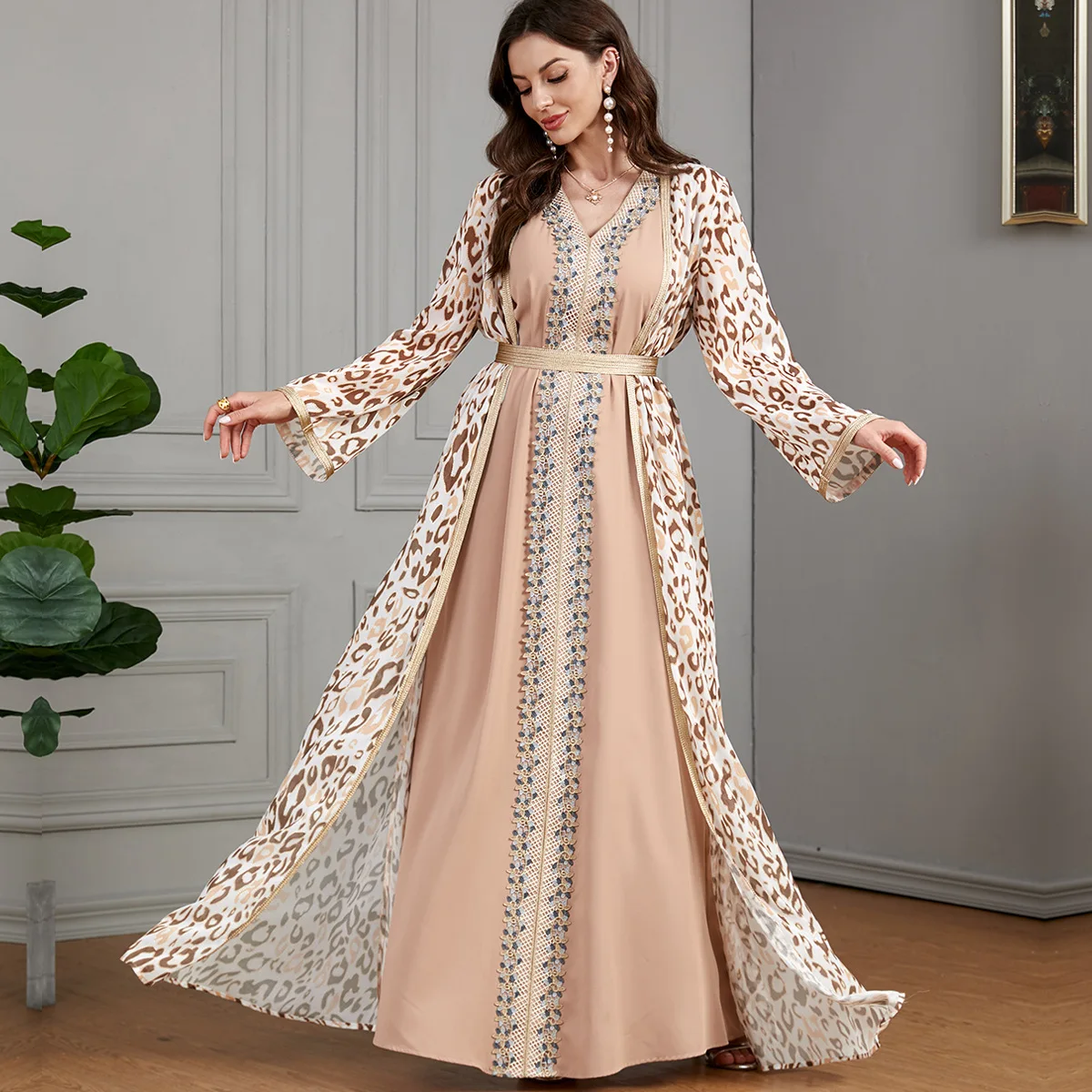 Muslim Women Wedding Dress Fashion Printed Splicing Dress 2 Piece Set Abaya Femmes Robe Musulmane Islamic Clothing Women 2024