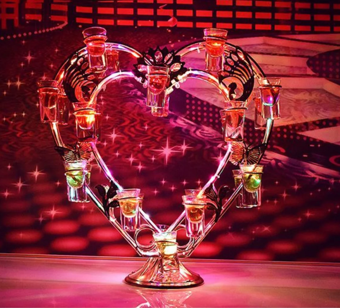 Customized Logo Color Changing Heart Shape Wine Stand Rotating Glass LED VIP Service Tray