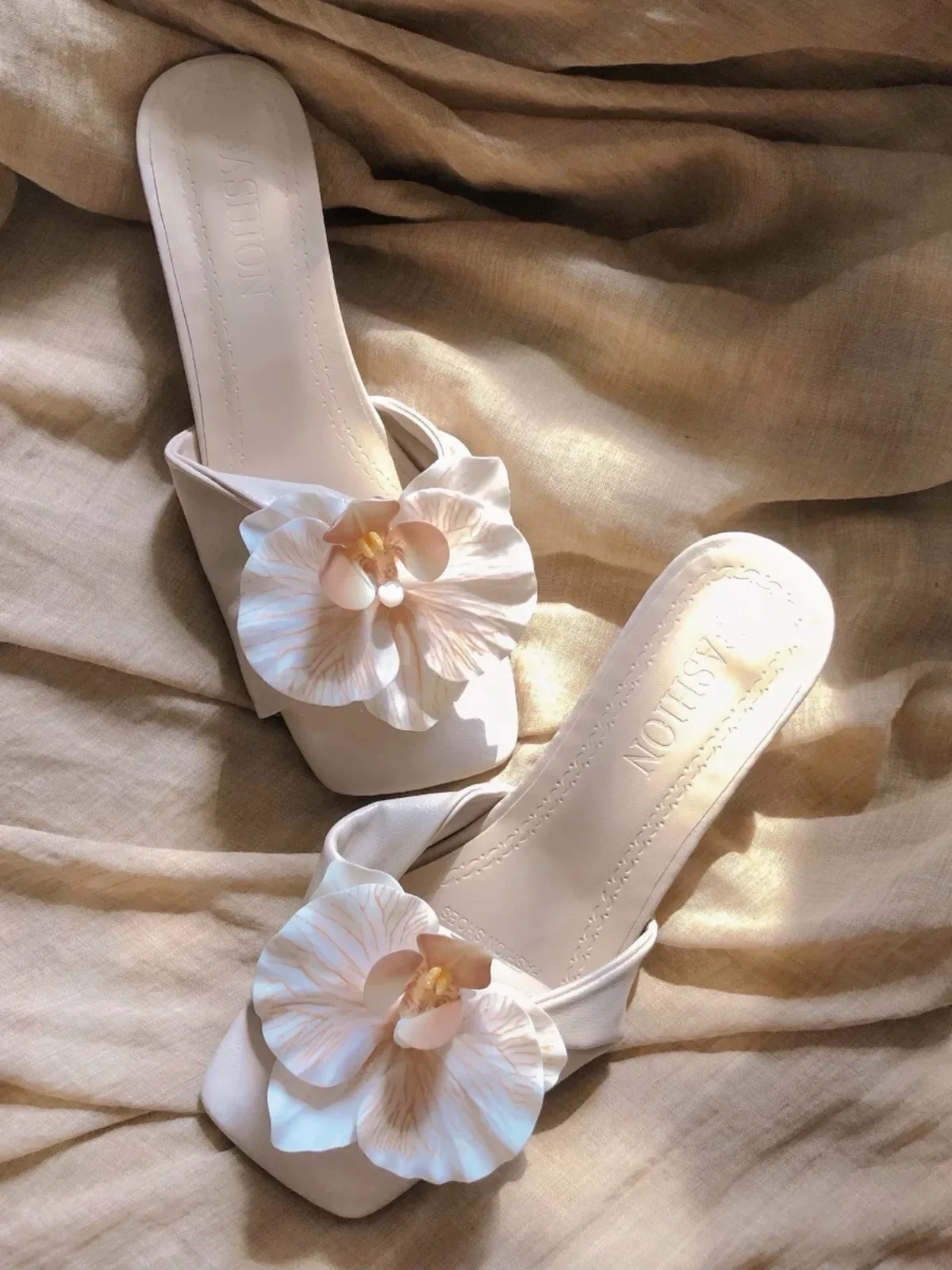 Color Luxury Girls Summer Thin Heel Slide Shoes Square Toe Orchid Flower Women Sandal Low Heels - Image 5