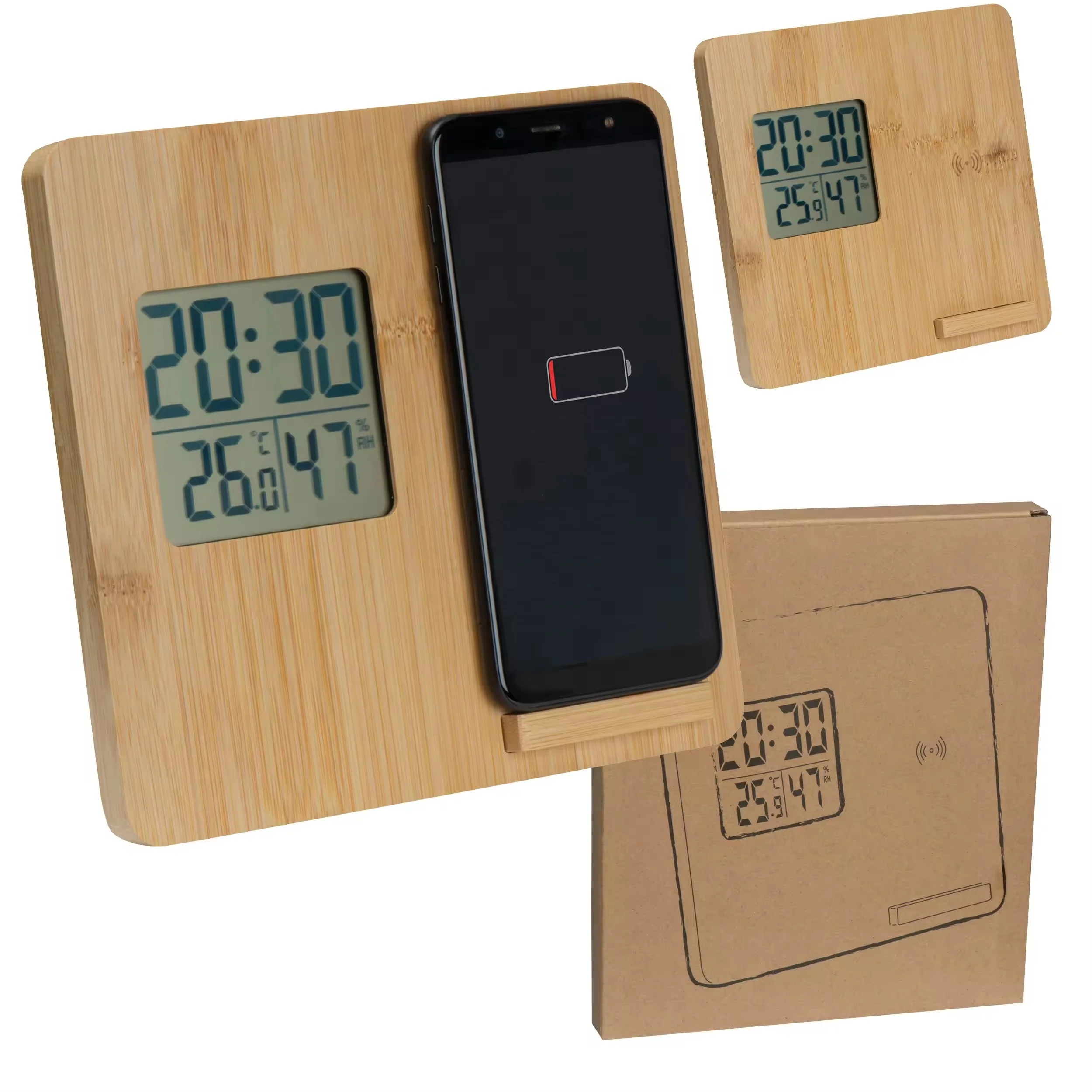 Bamboo Lcd Digital Desk Alarm Clock Wireless Charger Wooden Electronic Table Clock with Temperature Humidity