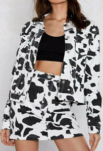 Cow Print Denim Jacket and Skirt Set Women Black White Cow Pattern Jean Jacket and Mini Skirt Two Piece Outfit Casual Streetwear