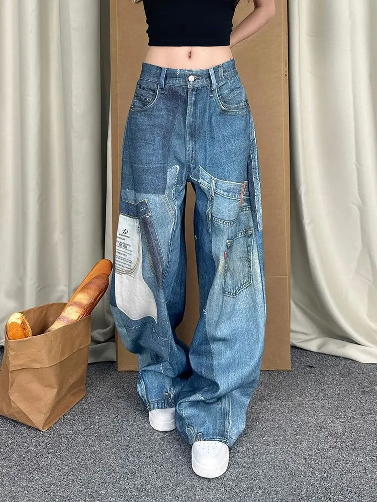 Custom Washed Washed Rhinestone Wide Leg Jeans Denim Pants Wide Leg Denim Jeans Baggy Women's Pants Women Jeans