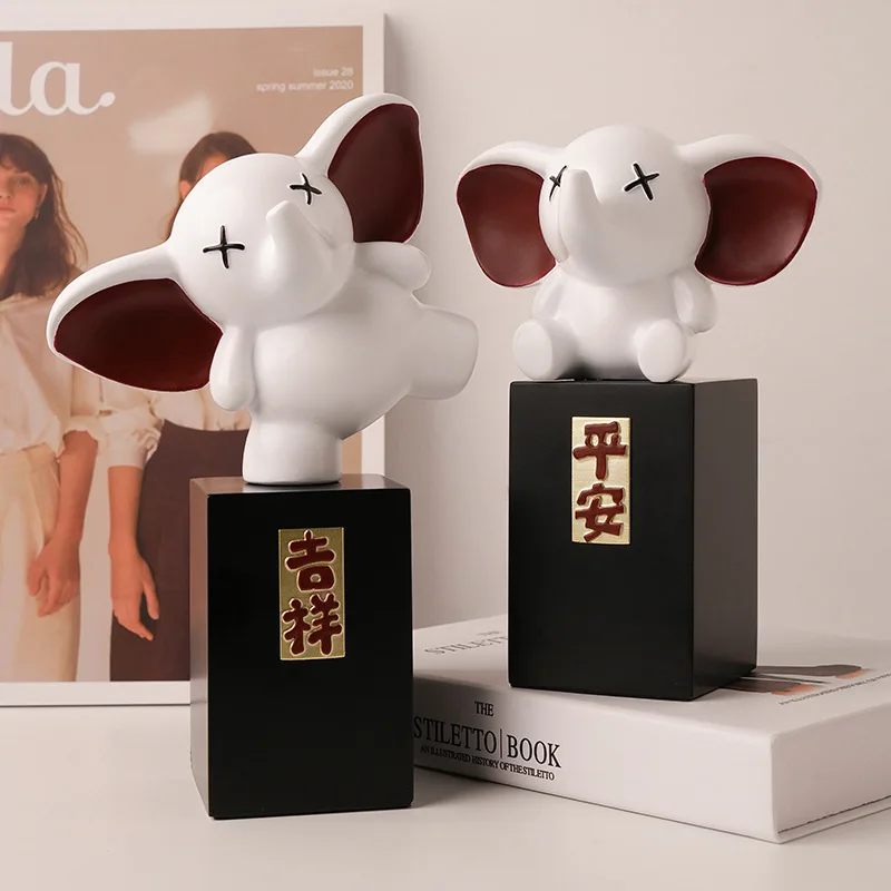 Two Cute Elephant Figurines Good Luck Symbols Modern Minimalist Home Decor Living Room Entryway Tabletop Ornament Set